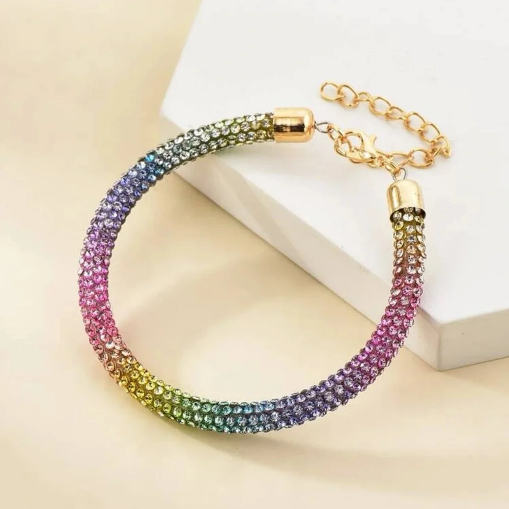 Rainbow Rhinestone Mesh Bracelet | Glitter “Crystaldust” Statement Jewelry